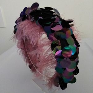 Blue sequin and dusty rose feather hearldband